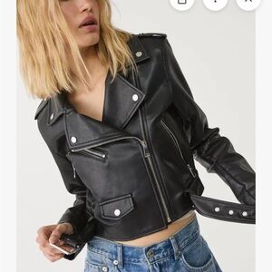 Stradivarius Black Faux Leather Moto Jacket